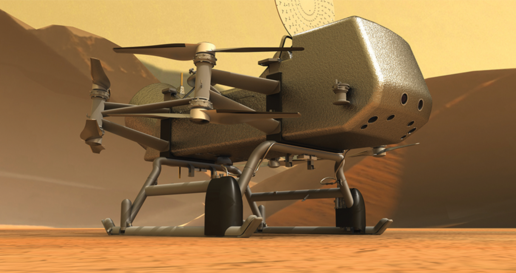 A rendering of the Dragonfly helicopter drone on the surface of Saturn.